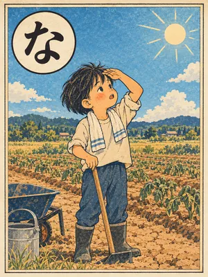 遠州弁かるた「なんだ」の絵札：晴れた空と、雨の降らなかった乾いた畑