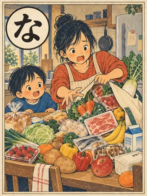 遠州弁かるた「なんしょ」の絵札：買い物袋から食べきれないほどの食べ物があふれる台所