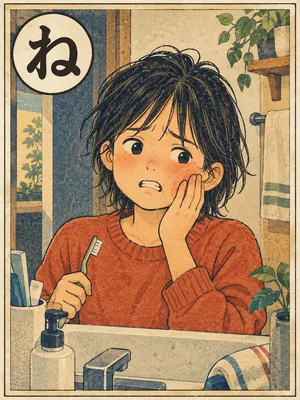 遠州弁かるた「ねち」の絵札：頬に手を当て、歯ぐきの腫れを気にする人