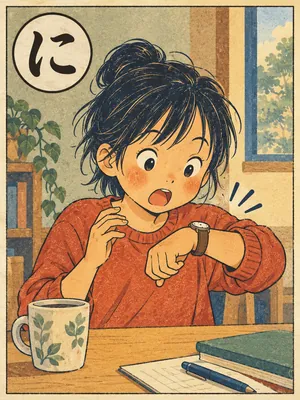 遠州弁かるた「に」の絵札：時計を見て、時間の早さに驚く人
