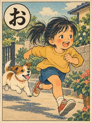 遠州弁かるた「おちゃっぴい」の絵札：よくしゃべり、元気に駆け回る女の子