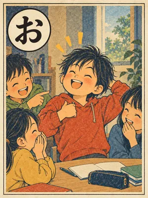 遠州弁かるた「おだっくい」の絵札：おだてられてすぐその気になる人と、それを見て笑う仲間