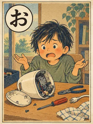 遠州弁かるた「おえん」の絵札：壊れた道具を前に、お手上げの身ぶりをする人