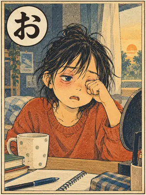 遠州弁かるた「おおぼったい」の絵札：寝不足で、まぶたが腫れぼったい人