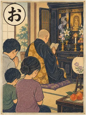 遠州弁かるた「おっさま」の絵札：お盆に家を訪れ、仏壇の前でお経をあげるお坊さん