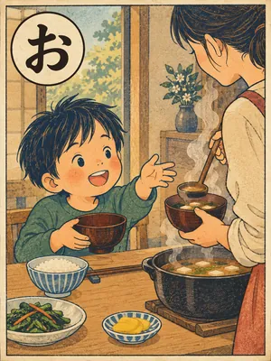 遠州弁かるた「おっしー」の絵札：湯気の立つ味噌汁のおかわりを頼む人