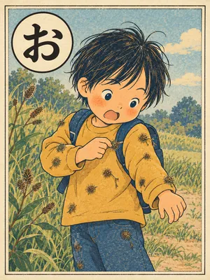 遠州弁かるた「おとび」の絵札：草むらを歩いて、服にひっつき虫がたくさん付いた子ども