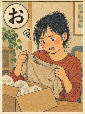 遠州弁かるた「おぞい」の絵札：買ってきた品物の粗末さにがっかりする人