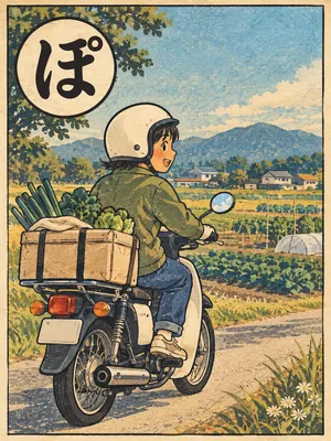 遠州弁かるた「ぽんぽん」の絵札：原付バイクで畑へ向かう人