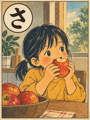 遠州弁かるた「さら」の絵札：りんごを皮ごとかじる子ども