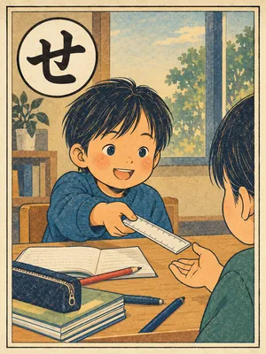 遠州弁かるた「せんひき」の絵札：机の上の定規を手渡す子ども