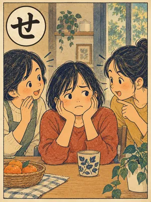 遠州弁かるた「せんしょったい」の絵札：あれこれ聞いてくる人に、困り顔の人