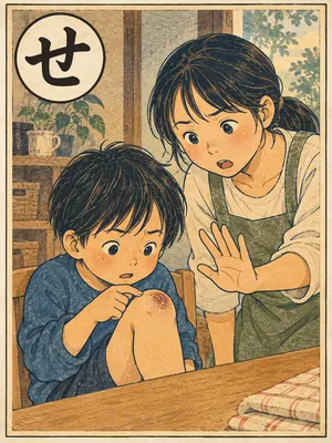遠州弁かるた「せせる」の絵札：かさぶたを指先でつつこうとする子どもと、止める大人