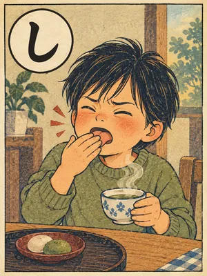 遠州弁かるた「舌べろ」の絵札：熱いお茶で舌をやけどし、顔をしかめる人