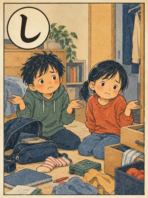 遠州弁かるた「しょんない」の絵札：探し物が見つからず、肩をすくめてあきらめる二人