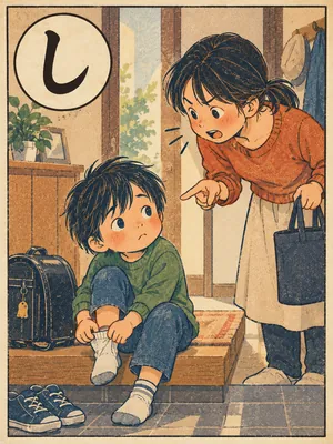 遠州弁かるた「しょろしょろする」の絵札：のろのろ支度する子どもを、急かす大人
