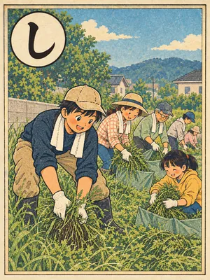 遠州弁かるた「衆ら」の絵札：近所の仲間たちが手で草を取り、袋に集めながら声を掛け合う