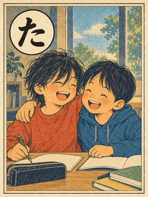 遠州弁かるた「ため」の絵札：同い年の二人が肩を並べて笑う