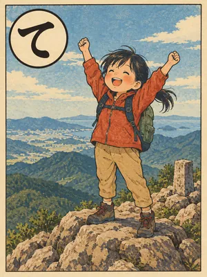 遠州弁かるた「てんこちょ」の絵札：山のてっぺんにたどり着き、手を挙げる人