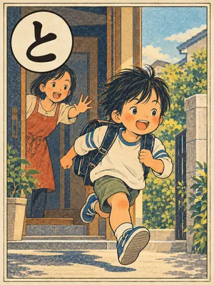 遠州弁かるた「とぶ」の絵札：急いで駆けていく子ども（空を飛ぶ絵にはしない）