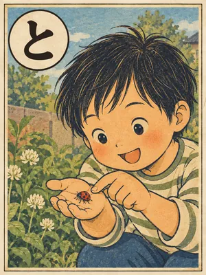 遠州弁かるた「とんます」の絵札：てんとう虫を手のひらで捕まえた子ども