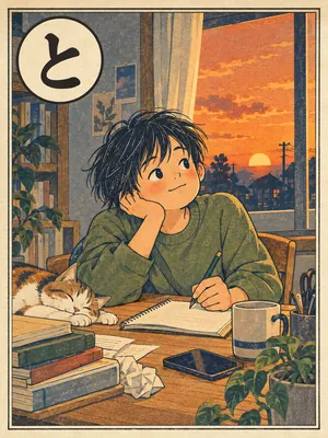 遠州弁かるた「とろい」の絵札：のんびり作業する人と、傾いていく日