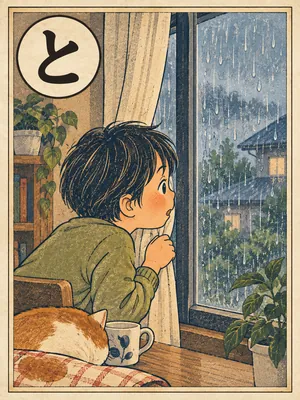 遠州弁かるた「とる」の絵札：窓の外の雨を確かめる人