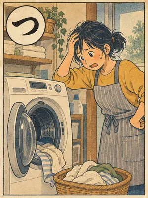 遠州弁かるた「つぶれる」の絵札：動かなくなった洗濯機の前で困る人
