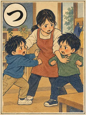 遠州弁かるた「つっからかす」の絵札：押し合う子どもたちを止める大人