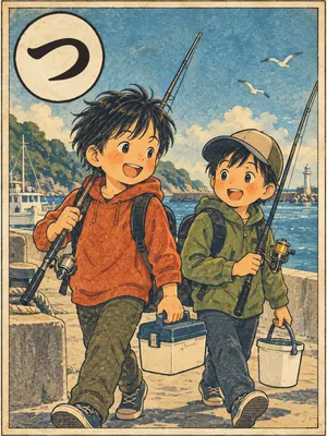 遠州弁かるた「連れ」の絵札：友だちと釣りざおを持って出かける