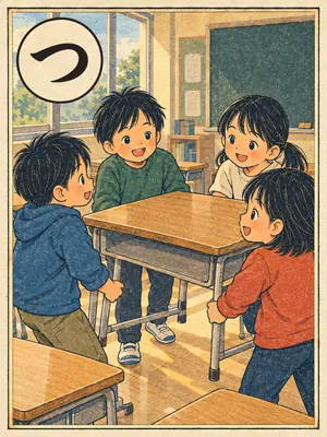 遠州弁かるた「つる」の絵札：教室で数人が机を持ち上げて運ぶ