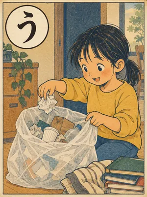 遠州弁かるた「うっちゃる」の絵札：いらない物をごみ袋に入れる手