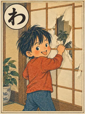 遠州弁かるた「悪さん坊」の絵札：破れた障子の前で、いたずら顔の子ども