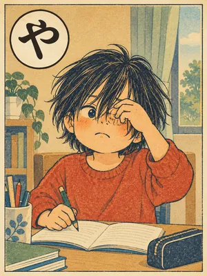 遠州弁かるた「やぶせったい」の絵札：伸びた前髪が目にかかり、手で払う子ども