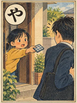 遠州弁かるた「やい」の絵札：忘れ物を手に、出かける人を呼び止める人
