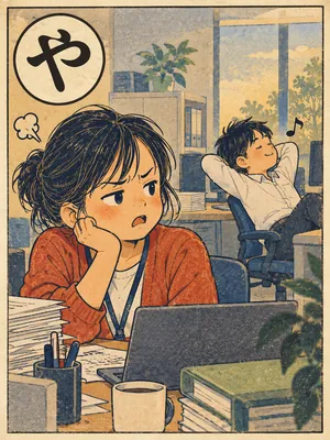 遠州弁かるた「やっきりこく」の絵札：仕事をさぼる人を見ながら、ぶつぶつ愚痴をこぼす人