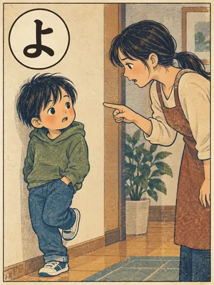 遠州弁かるた「よさりかかる」の絵札：壁に寄りかかろうとする子どもと、たしなめる大人