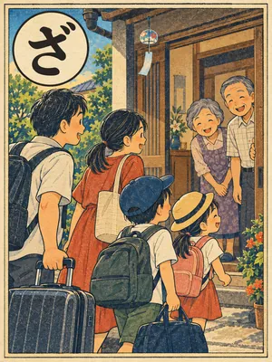 実家を訪れる家族を描いた在所の絵札