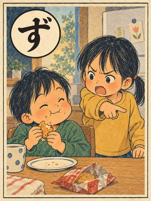 遠州弁かるた「ずっこい」の絵札：先におやつを食べてしまった子どもを指さすきょうだい